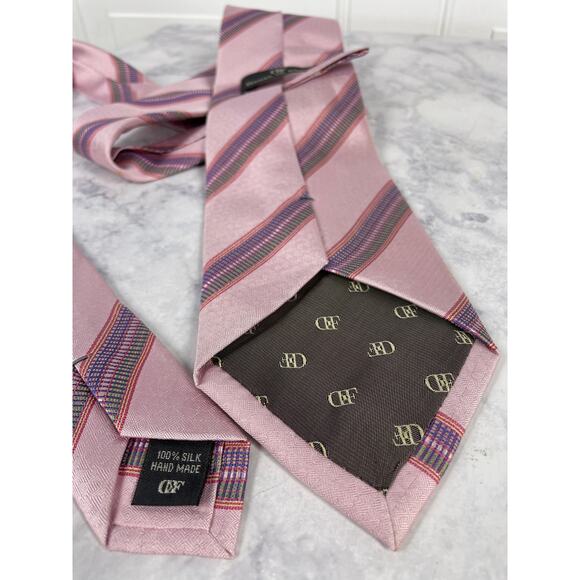 Daniel De Fasson, Pink Striped 100% Silk Tie, Handmade, Diagonal Striped, Flaw - Picture 5 of 6